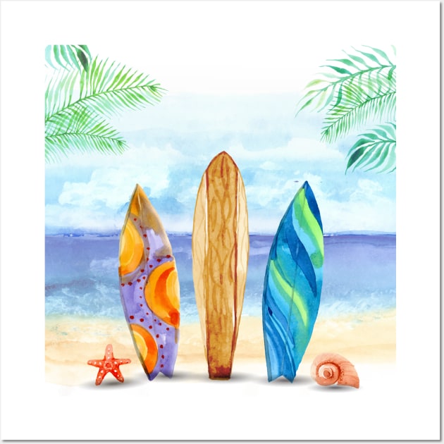 Watercolor surfboard scene Wall Art by Makanahele